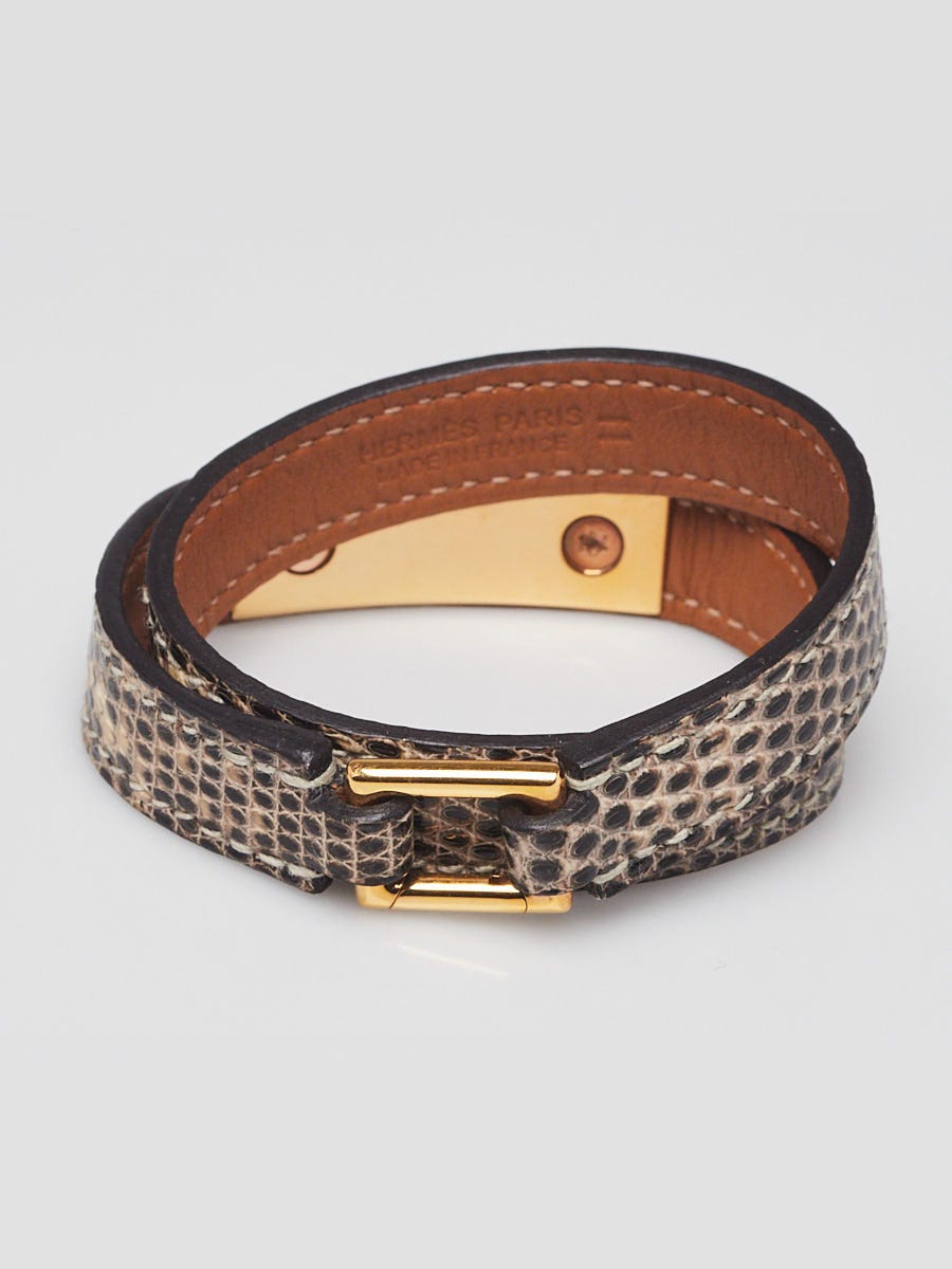 Hermes Ombre Lizard Gold Plated Rivale Double Tour Bracelet Size
