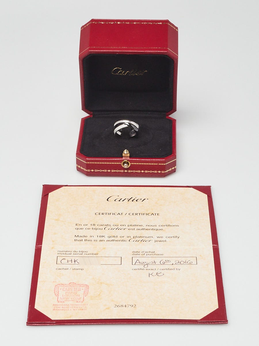 Cartier 18k White Gold Half Pave Diamond and Ceramic Small Model Trinity Ring Size 4.75/49