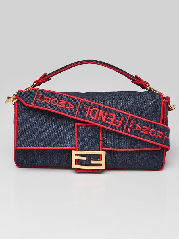Fendi Blue/Red Dark Blue Denim Large Baguette Bag 8BR771