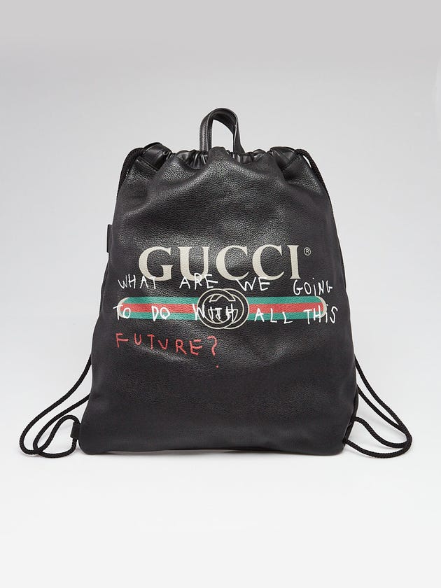 Gucci Black Leather Printed Drawstring Backpack