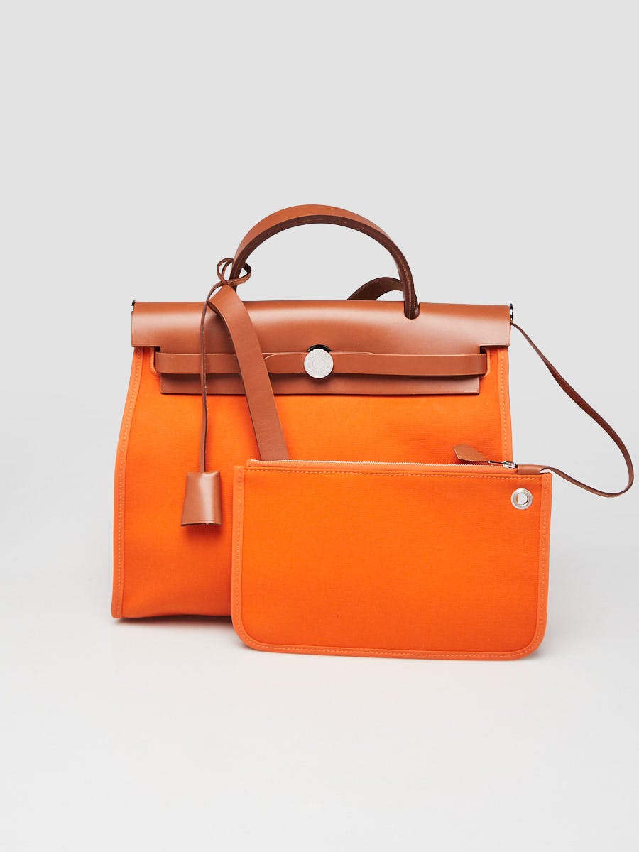 Hermes 31cm Orange Canvas and Natural Calfskin Leather Herbag Zip PM Bag