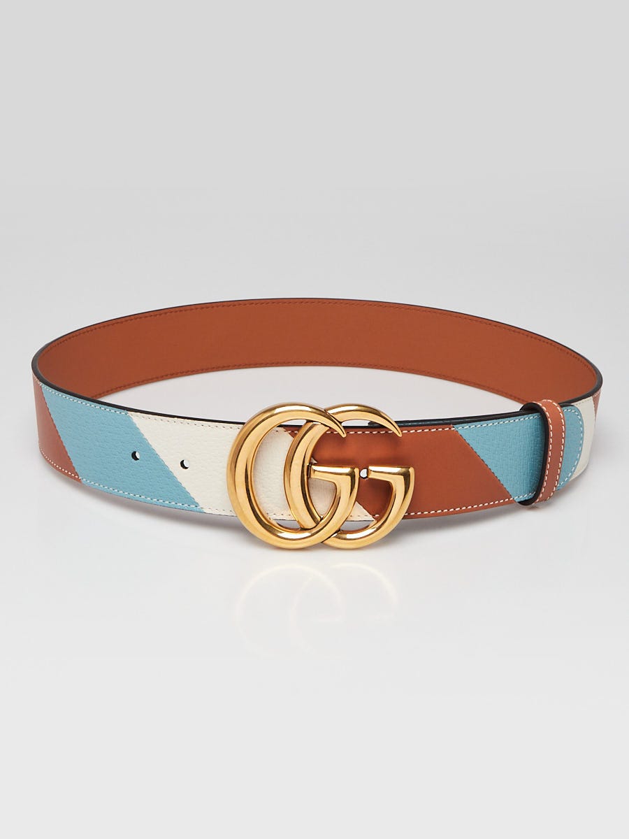 Gucci Blue/White/Brown Smooth Leather Double G Belt Size 80/32