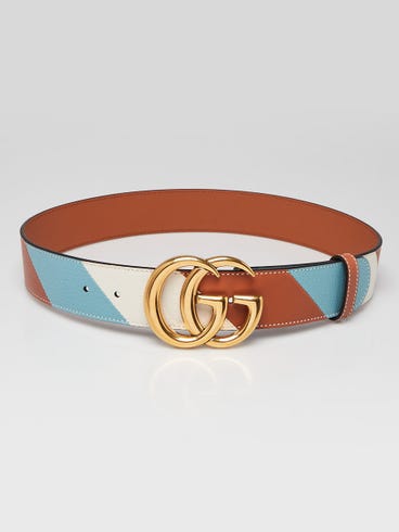 Gucci Blue/White/Brown Smooth Leather Double G Belt Size 80/32