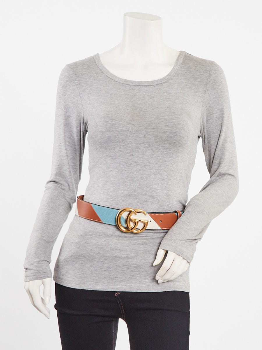 Gucci Blue/White/Brown Smooth Leather Double G Belt Size 80/32