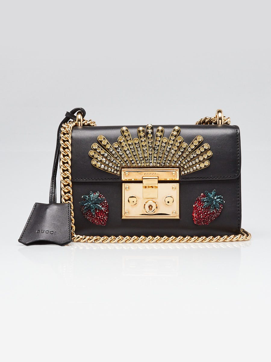 Gucci Purple Smooth Leather Crystal Strawberry Small Padlock Shoulder Bag