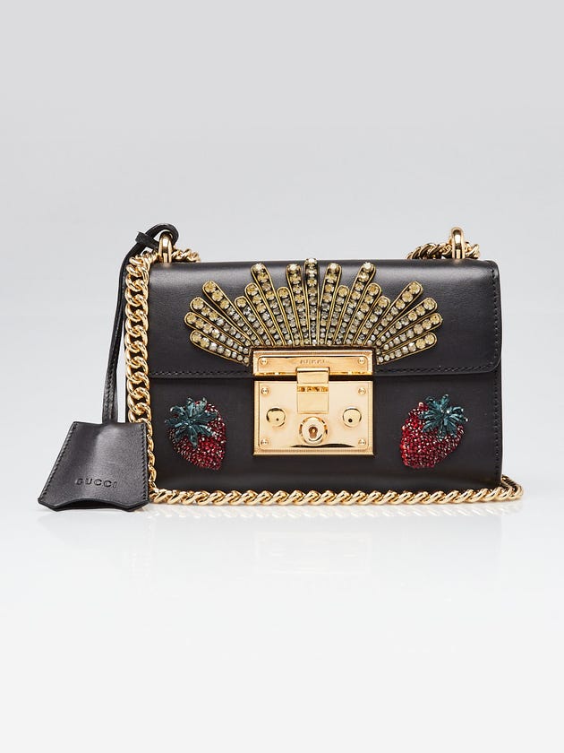 Gucci Purple Smooth Leather Crystal Strawberry Small Padlock Shoulder Bag