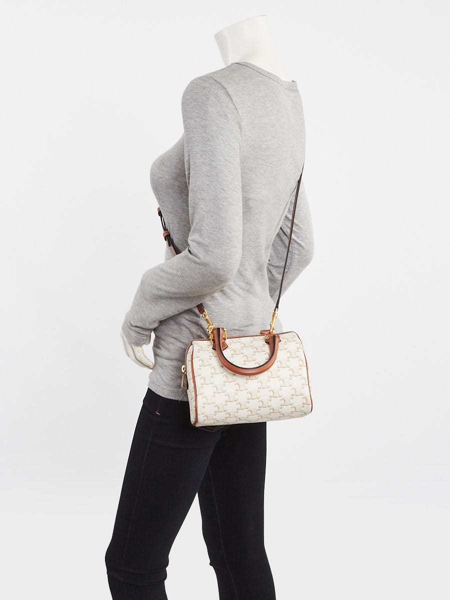 Celine White/Tan Triomphe Coated Canvas Boston Small Shoulder Bag