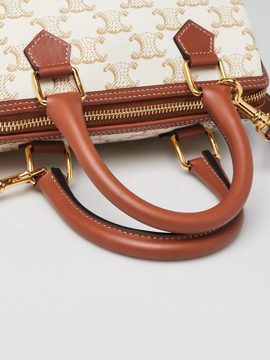 Celine White/Tan Triomphe Coated Canvas Boston Small Shoulder Bag