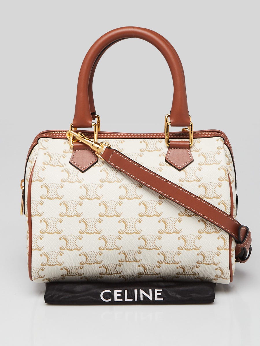 Celine White/Tan Triomphe Coated Canvas Boston Small Shoulder Bag