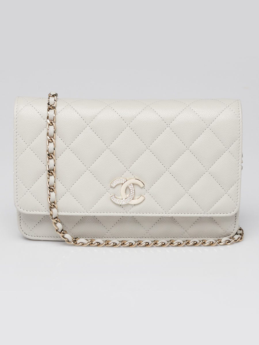Chanel Light Grey Quilted Caviar Leather Crystal CC WOC Clutch Bag