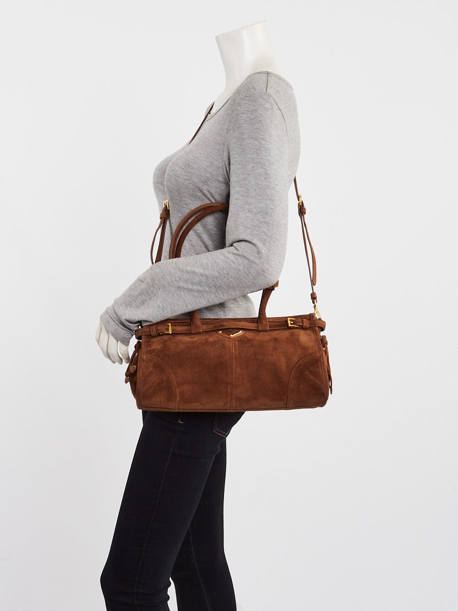 Prada Cacao Suede Medium Bonnie Bag 1BA426 | Yoogi's Closet