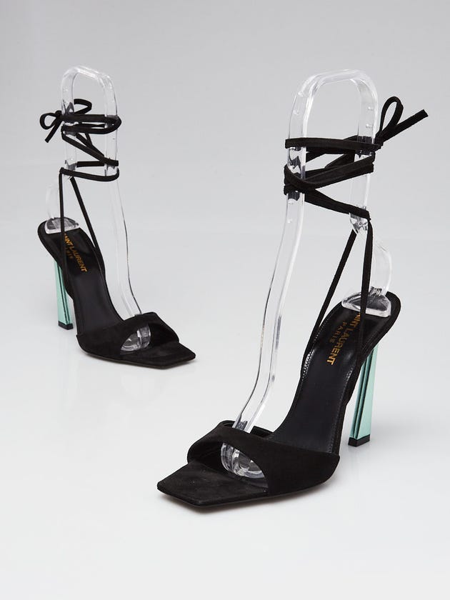 Yves Saint Laurent Black/Metallic Green Suede/Leather Ankle Wrap Paz 105 Sandals Size 6.5/37