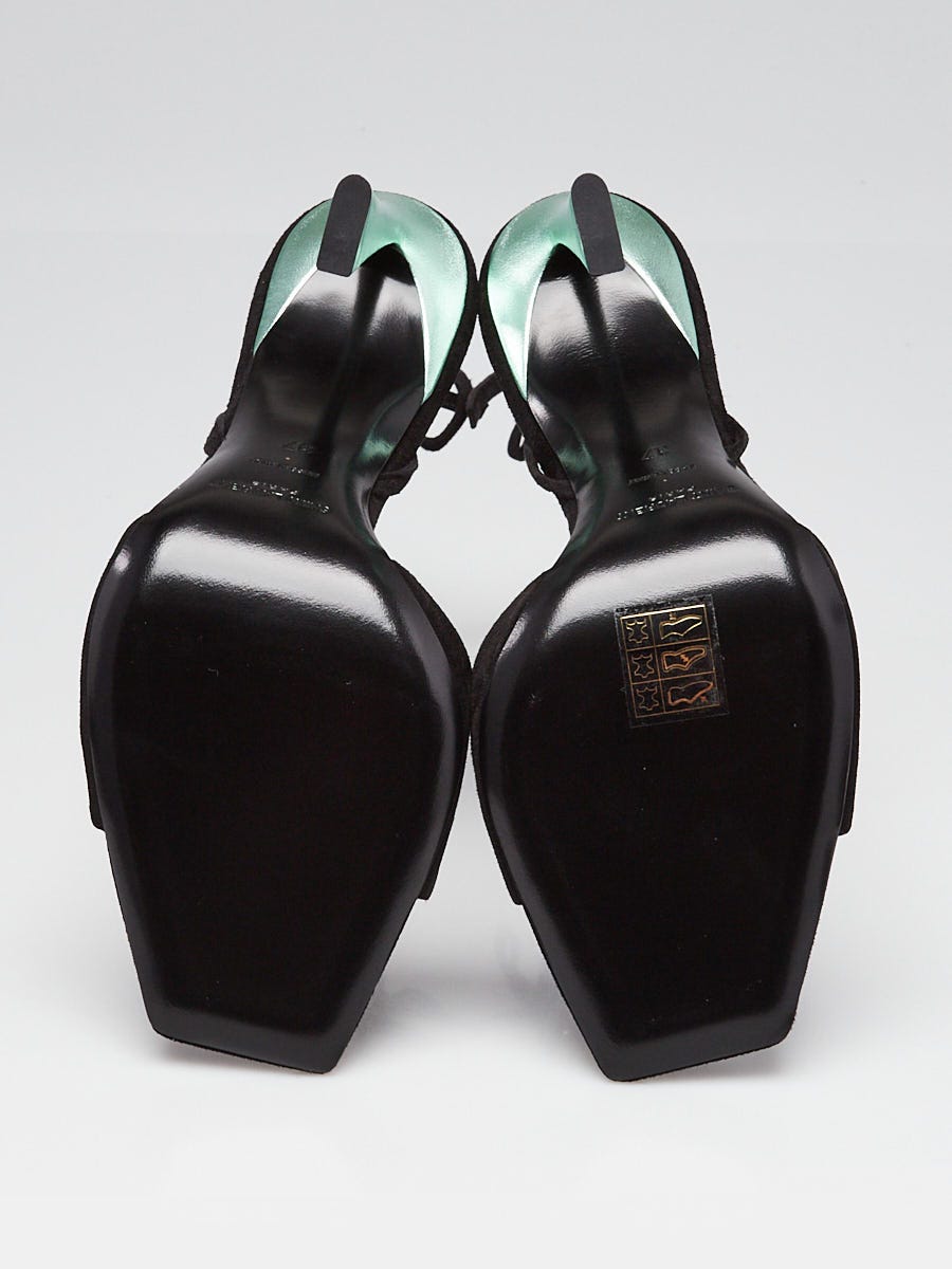 Yves Saint Laurent Black/Metallic Green Suede/Leather Ankle Wrap Paz 105 Sandals Size 6.5/37