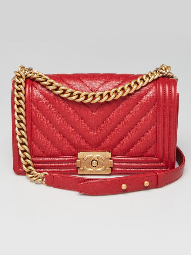 Chanel Red Chevron Quilted Leather Medium Boy Bag