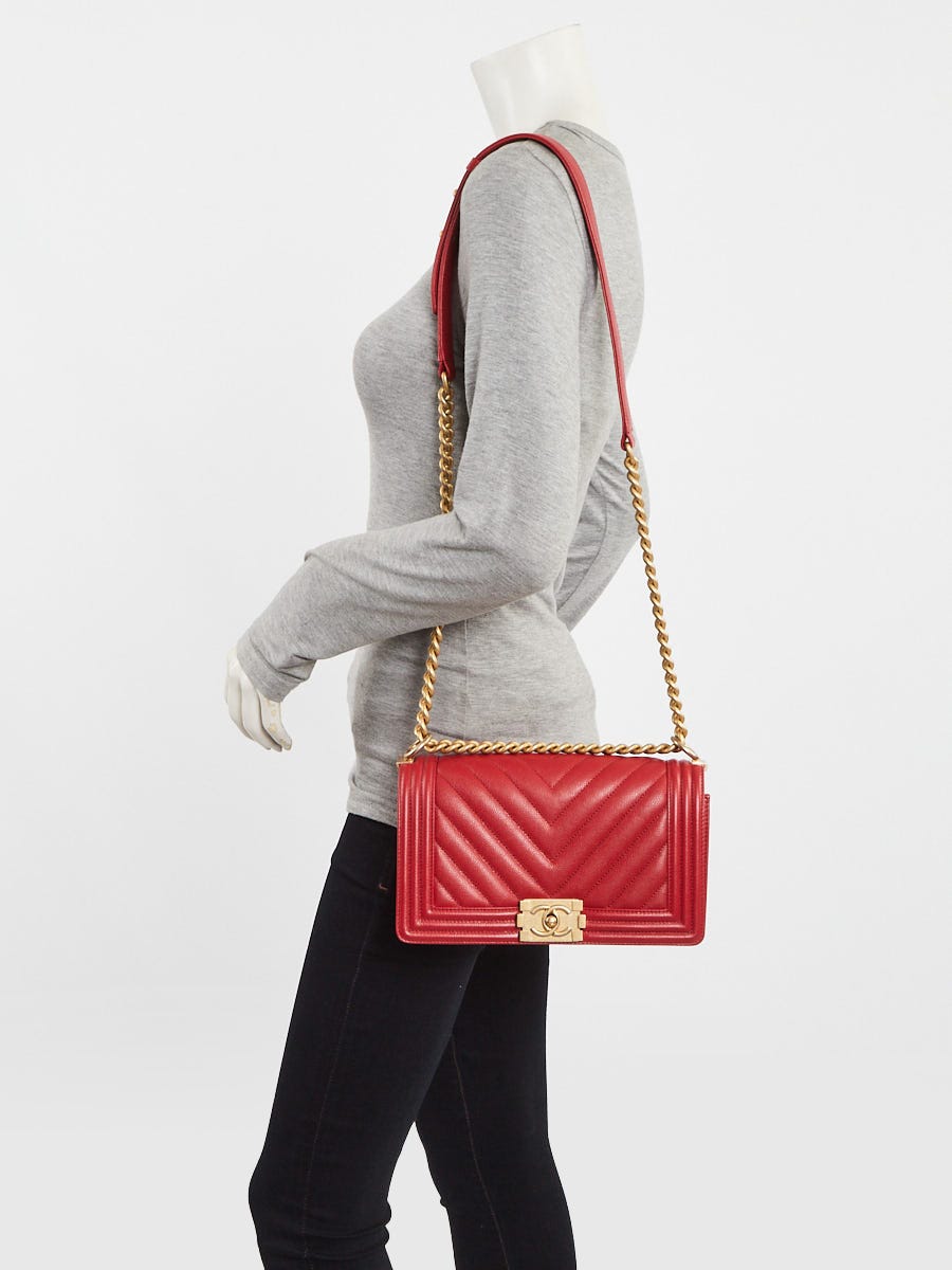 Chanel Red Chevron Quilted Leather Medium Boy Bag