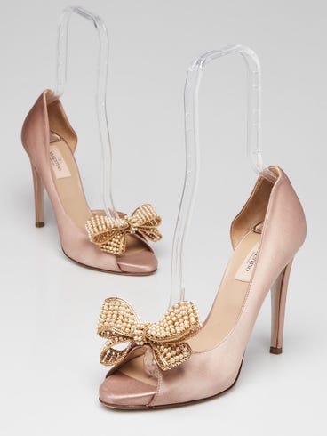 Valentino Nude Satin Pearl Bow d'Orsay Open-Toe Pumps Size 8.5/39