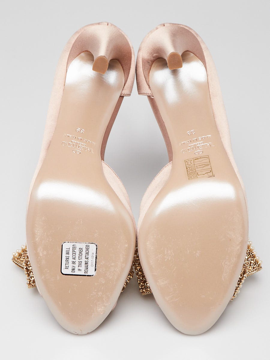 Valentino Nude Satin Pearl Bow d'Orsay Open-Toe Pumps Size 8.5/39
