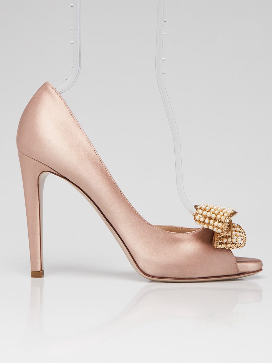 Valentino Nude Satin Pearl Bow d'Orsay Open-Toe Pumps Size 8.5/39