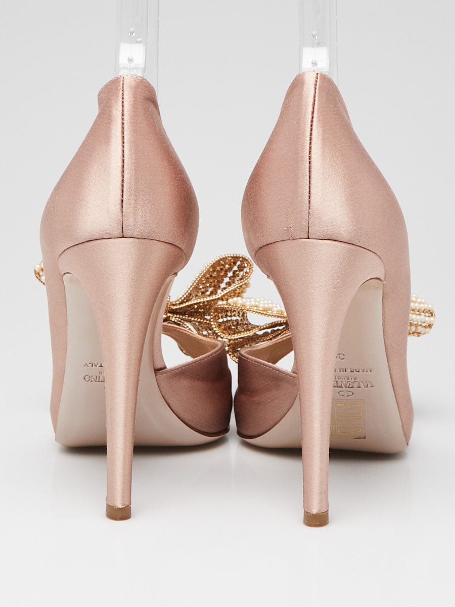 Valentino Nude Satin Pearl Bow d'Orsay Open-Toe Pumps Size 8.5/39