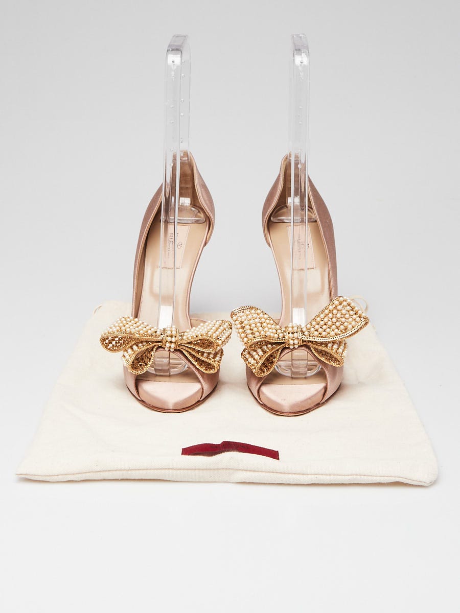 Valentino Nude Satin Pearl Bow d'Orsay Open-Toe Pumps Size 8.5/39