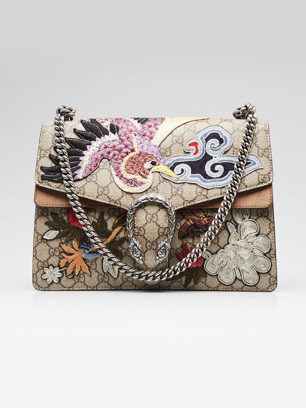 Gucci Beige GG Supreme Canvas Embroidered Bird/Flowers Medium Dionysus Shoulder Bag