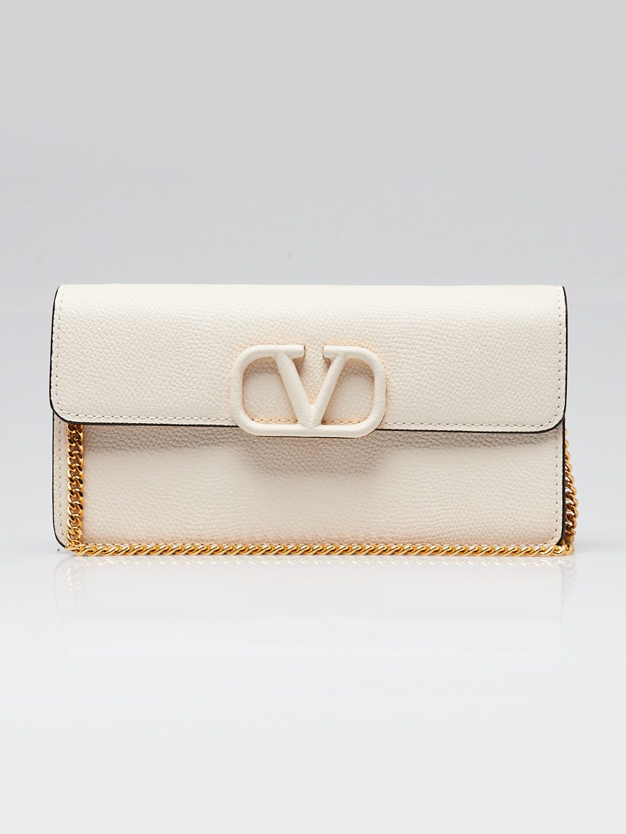 Valentino White Pebbled Leather VLogo Wallet On Chain Bag