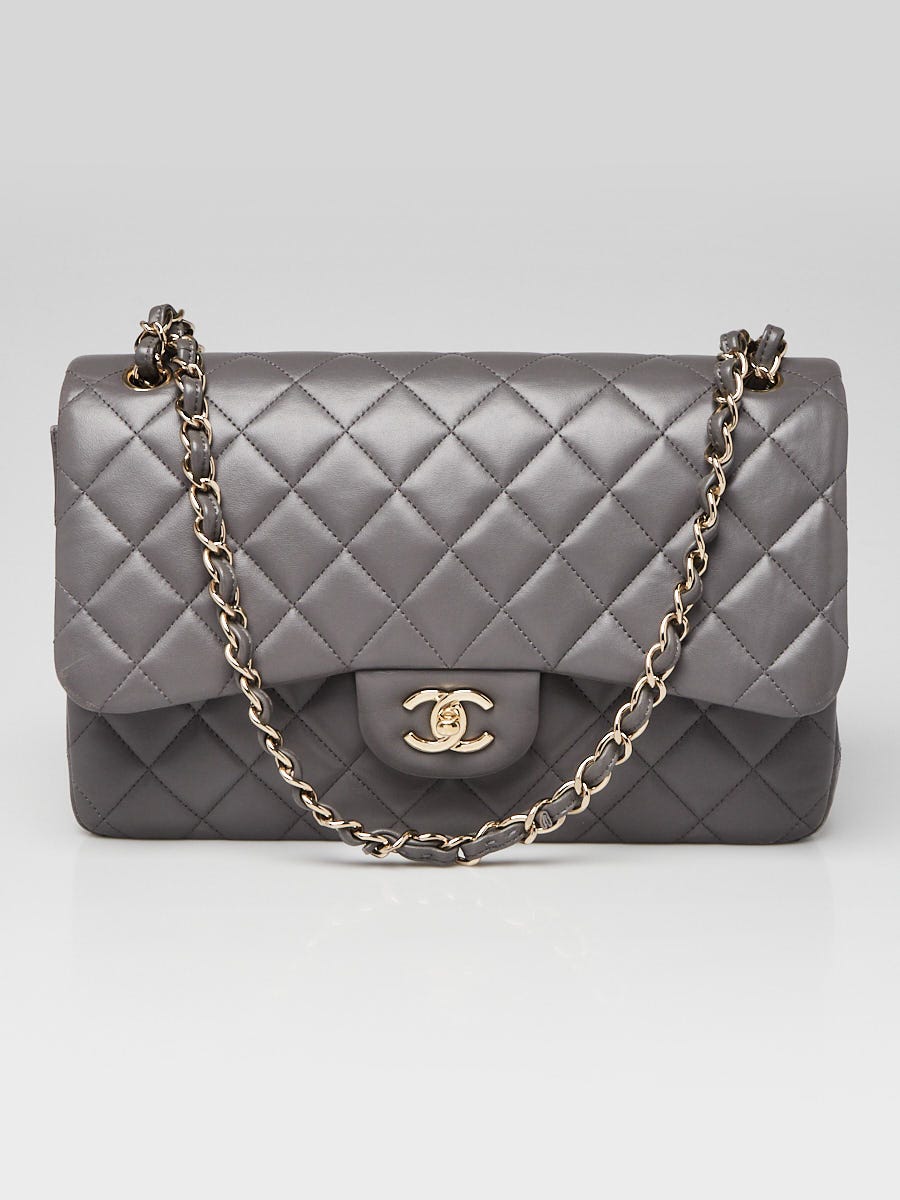 Chanel Grey Quilted Lambskin Leather Classic Jumbo Double Flap Bag
