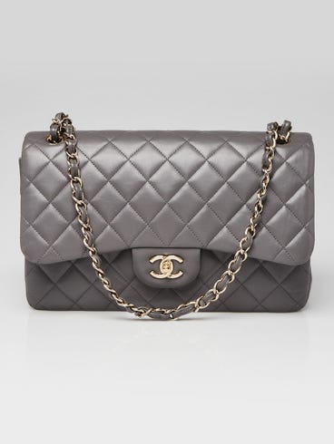 Chanel Grey Quilted Lambskin Leather Classic Jumbo Double Flap Bag