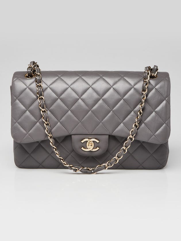 Chanel Grey Quilted Lambskin Leather Classic Jumbo Double Flap Bag
