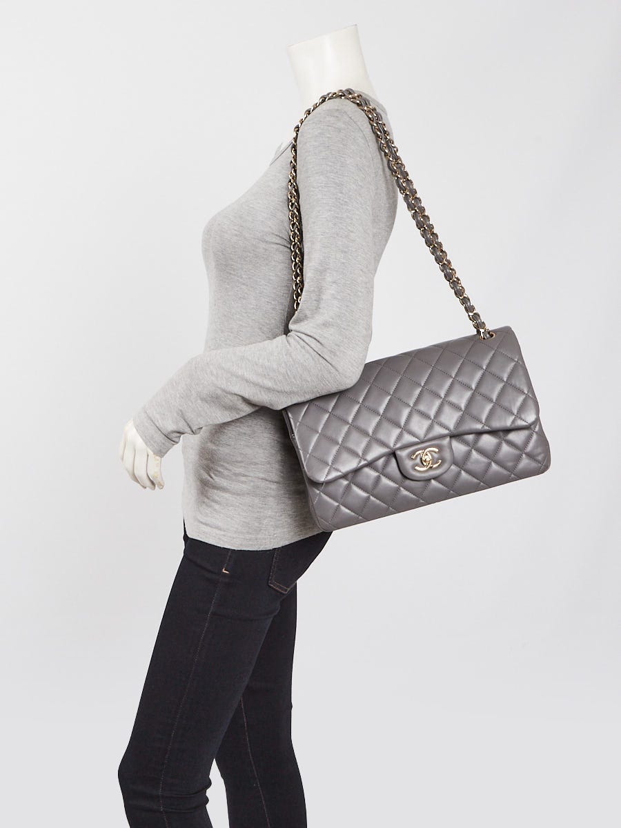 Chanel Grey Quilted Lambskin Leather Classic Jumbo Double Flap Bag