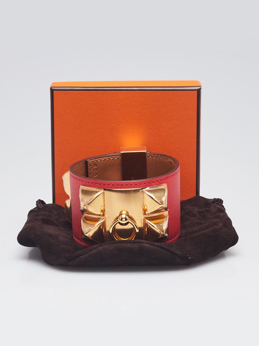 Hermes Rouge Tomate Swift Leather Gold Plated Collier de Chien Bracelet Size S