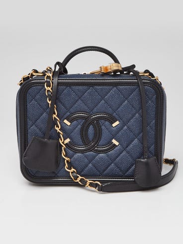 Chanel Navy Blue/Black Quilted Caviar Leather Filigree Medium Vanity Case Bag