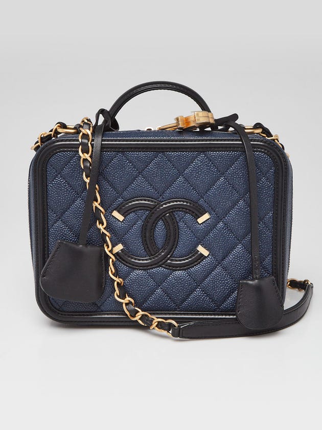 Chanel Navy Blue/Black Quilted Caviar Leather Filigree Medium Vanity Case Bag