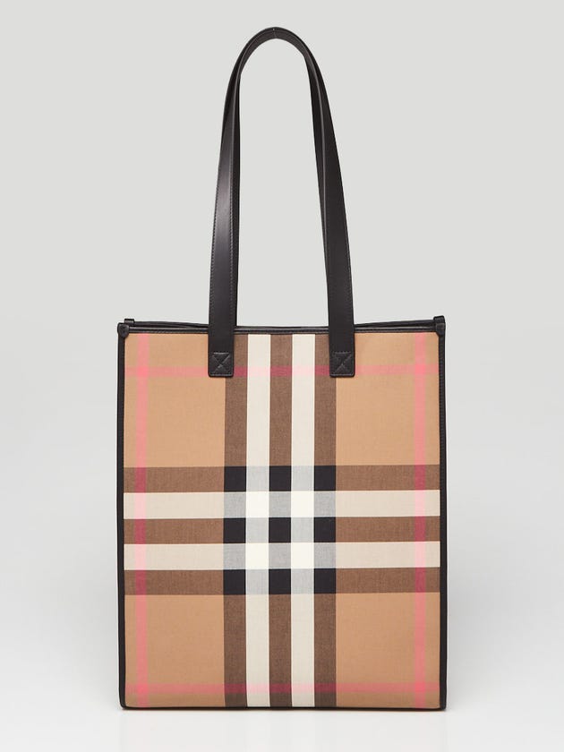 Burberry Taupe Brown Canvas/Leather Check Vertical Tote Bag