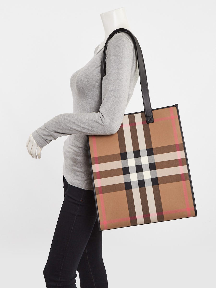 Burberry Taupe Brown Canvas/Leather Check Vertical Tote Bag