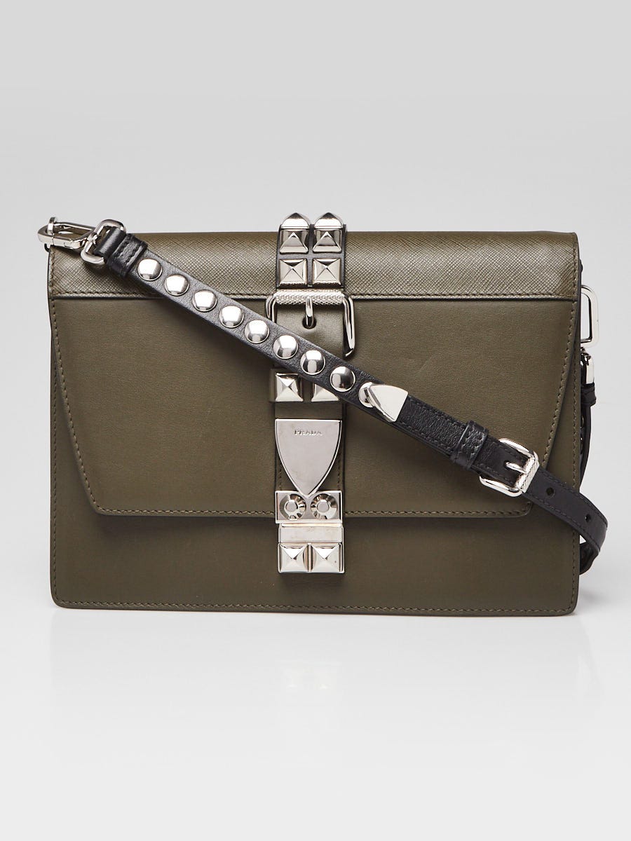 Prada Green City Calf and Saffiano Leather Studded Elektra Crossbody Bag 1BD120