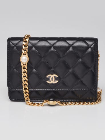Chanel Black Quilted Lambskin Leather Pearl Chain Mini WOC Clutch Bag