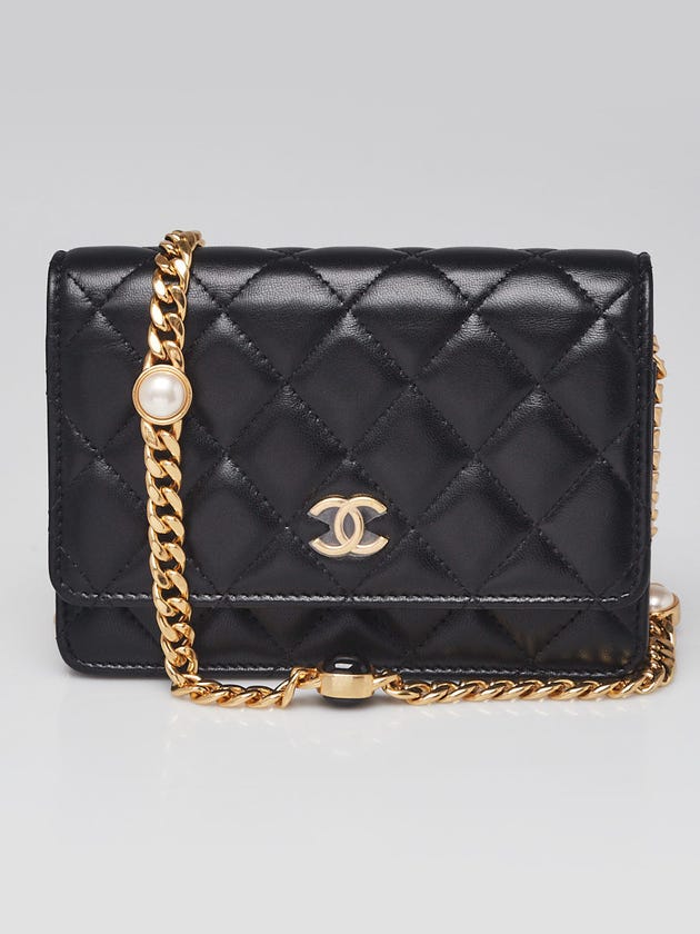 Chanel Black Quilted Lambskin Leather Pearl Chain Mini WOC Clutch Bag