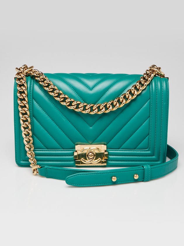 Chanel Green Chevron Quilted Lambskin Leather Medium Boy Flap Bag