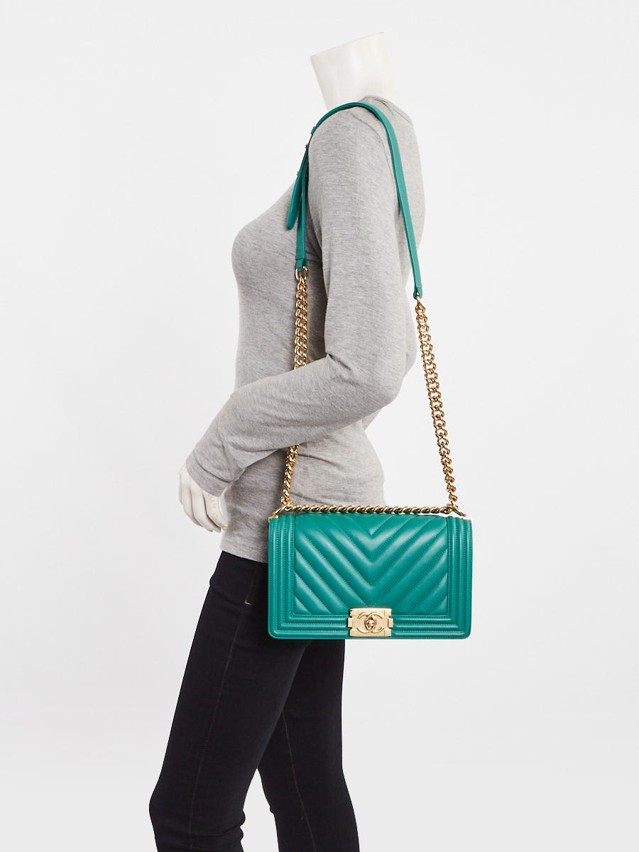 Chanel Green Chevron Quilted Lambskin Leather Medium Boy Flap Bag