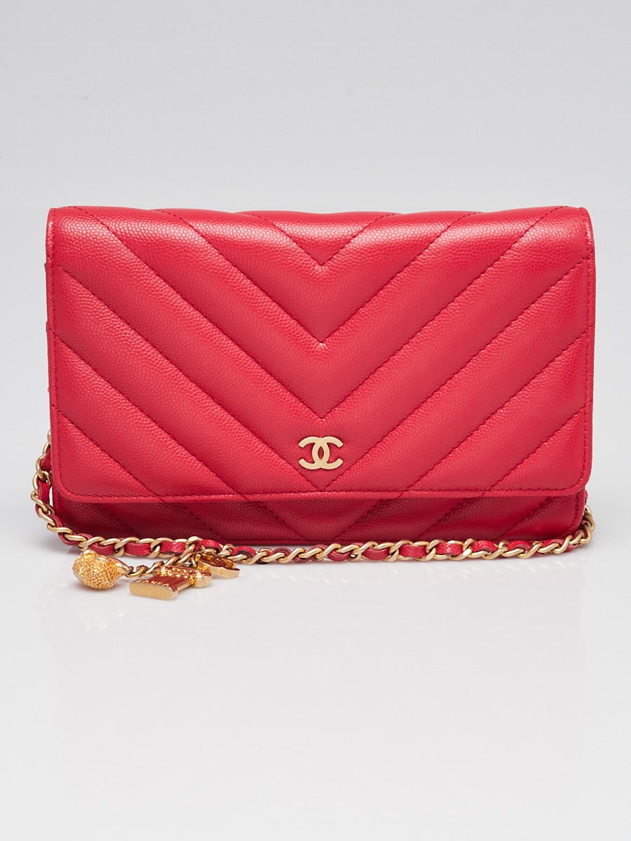 Chanel Dark Pink Chevron Quilted Caviar Leather Ancient Greek Charms WOC Clutch Bag