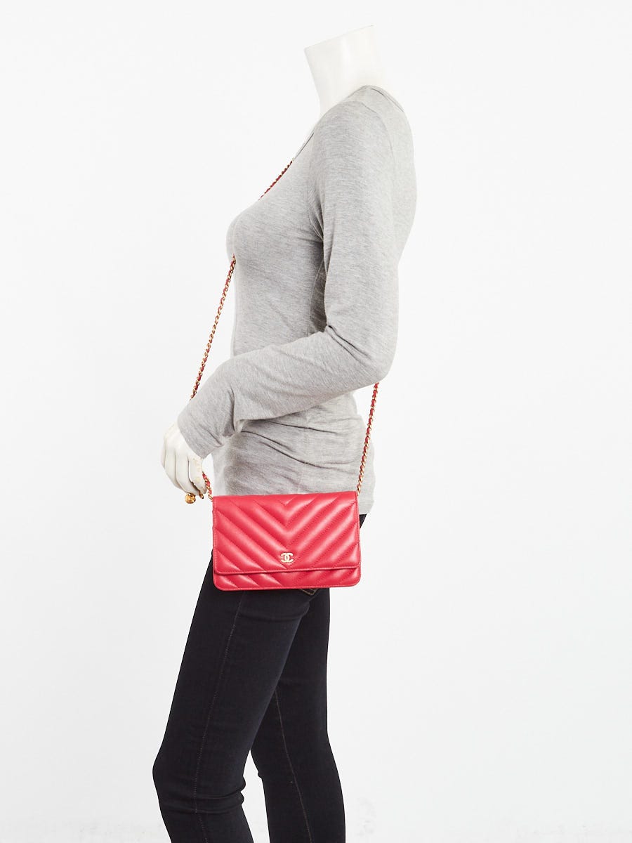 Chanel Dark Pink Chevron Quilted Caviar Leather Ancient Greek Charms WOC Clutch Bag