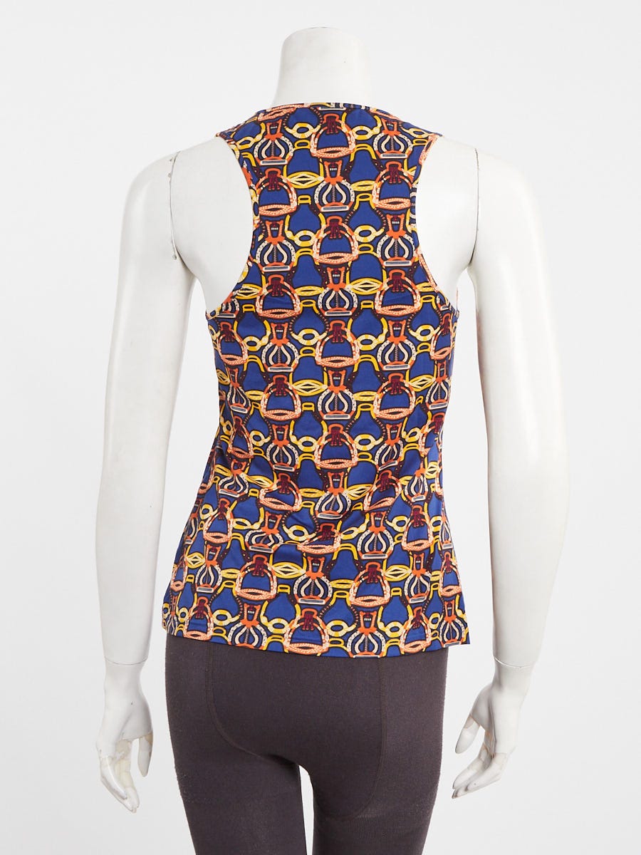 Hermes Blue/Orange Micro Bridle Print Fabric Tank Top Size 8/40