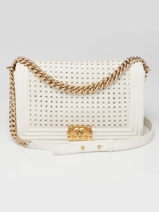 Chanel White Braided Sheepskin Leather Braided New Medium Boy Bag