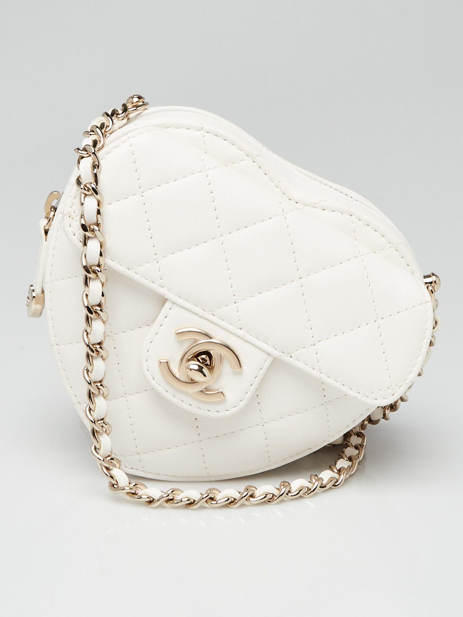 Chanel White Quilted Lambskin Quilted CC In Love Heart Clutch With
