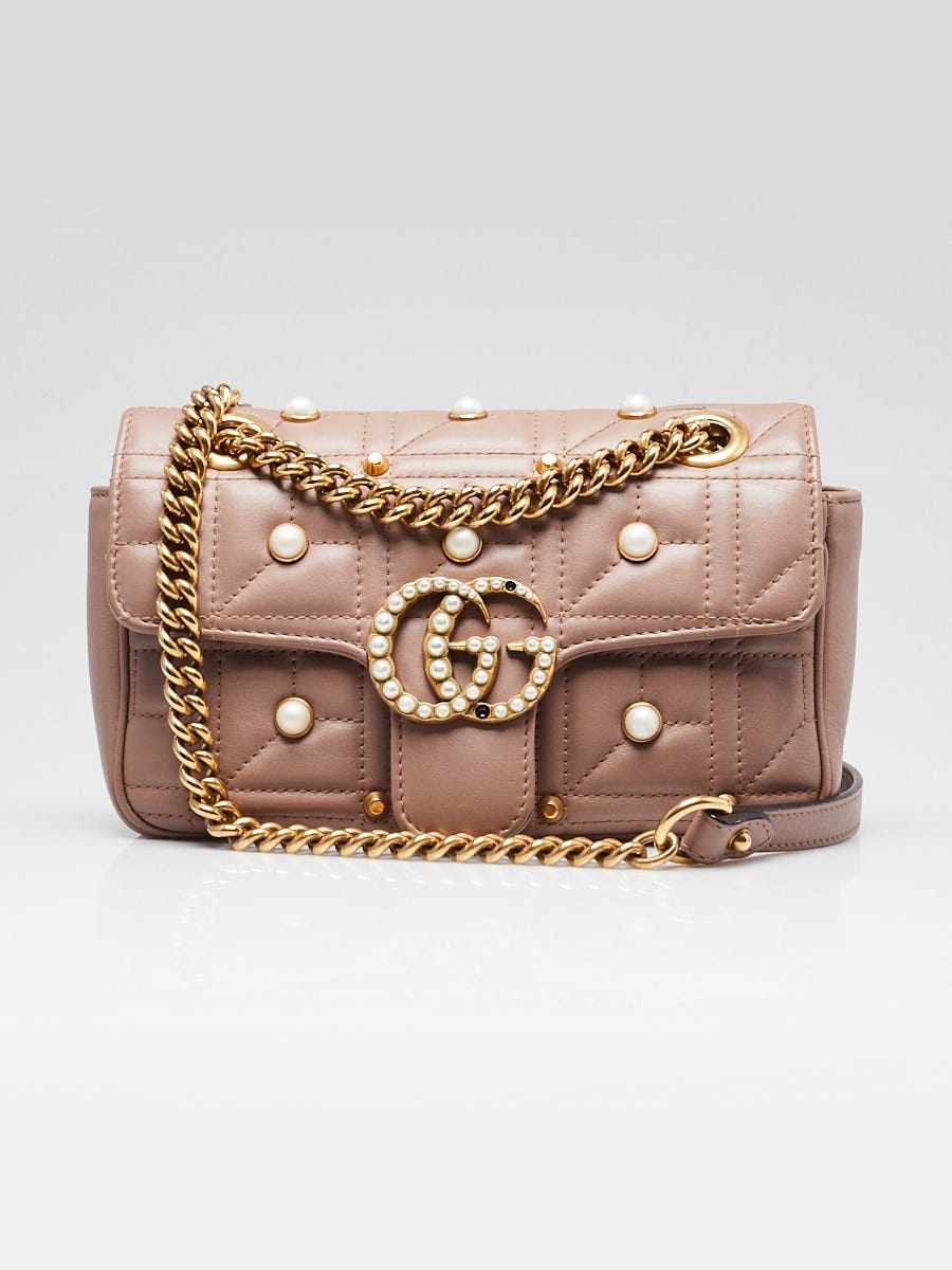 Gucci Beige Quilted Leather 2.0 Imitation Pearl Marmont Mini Shoulder Bag