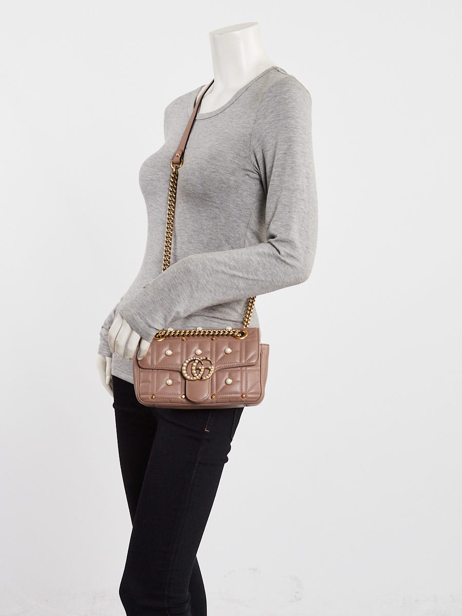 Gucci Beige Quilted Leather 2.0 Imitation Pearl Marmont Mini Shoulder Bag