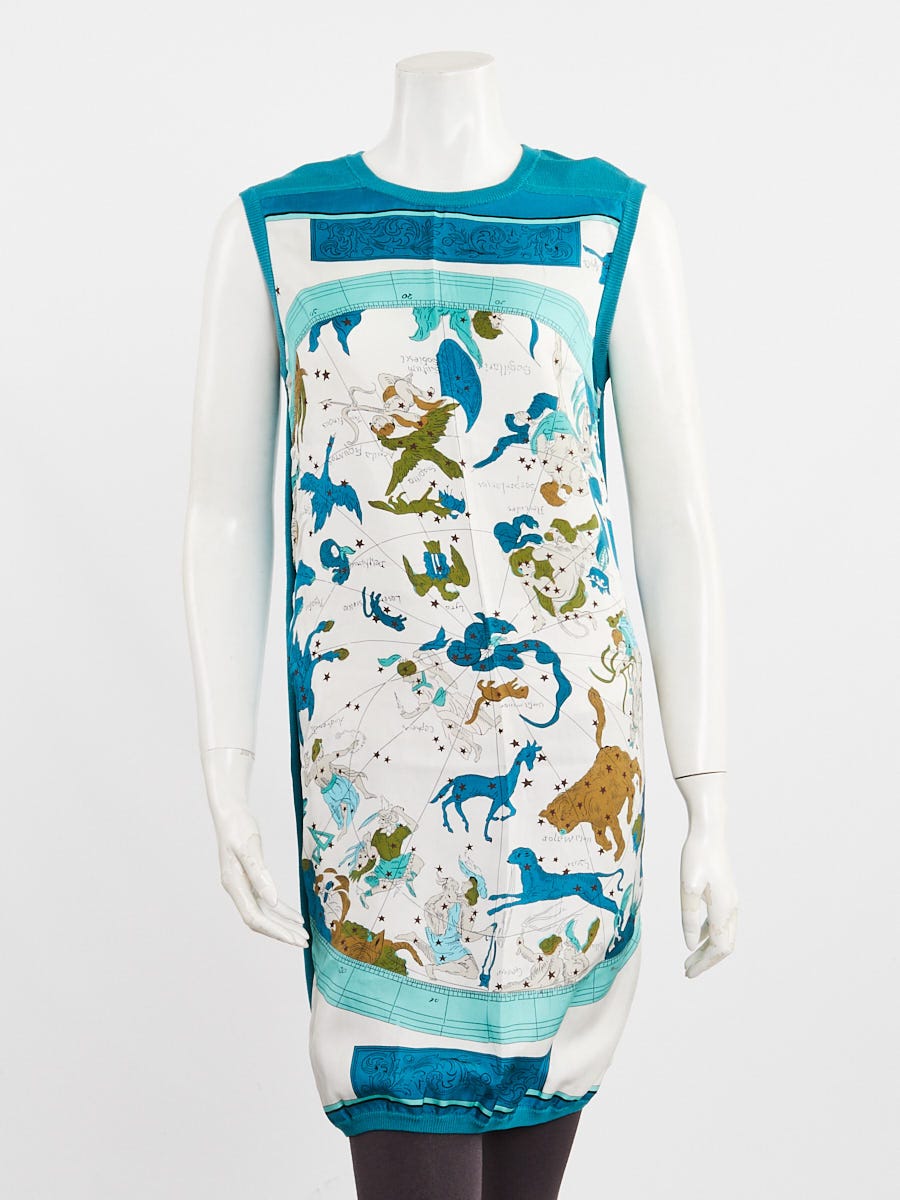 Hermes Blue Printed Silk Blend Sleeveless Shift Dress Size 36