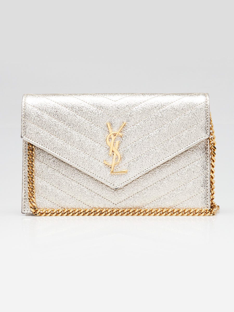 Yves Saint Laurent Gold Chevron Quilted Grained Leather Envelope Small Wallet on Chain Bag