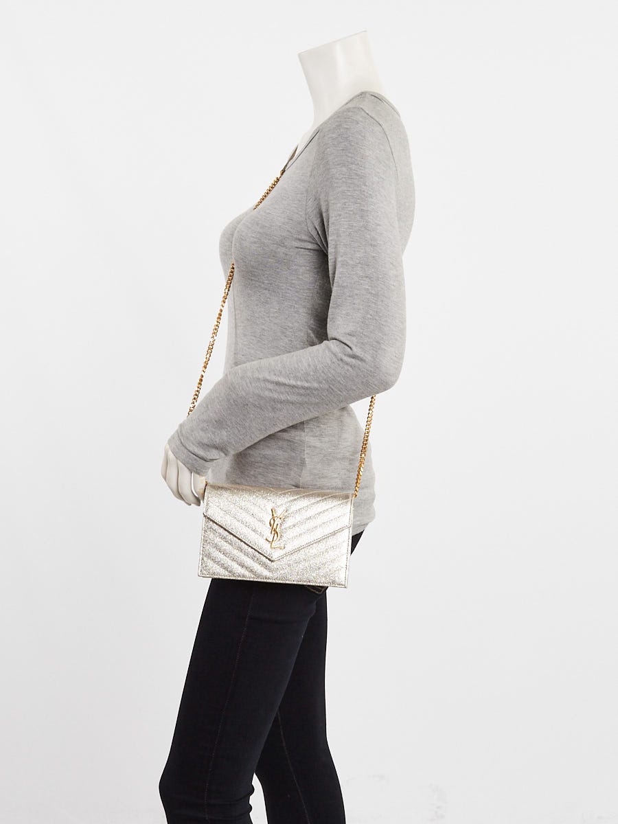 Yves Saint Laurent Gold Chevron Quilted Grained Leather Envelope Small Wallet on Chain Bag